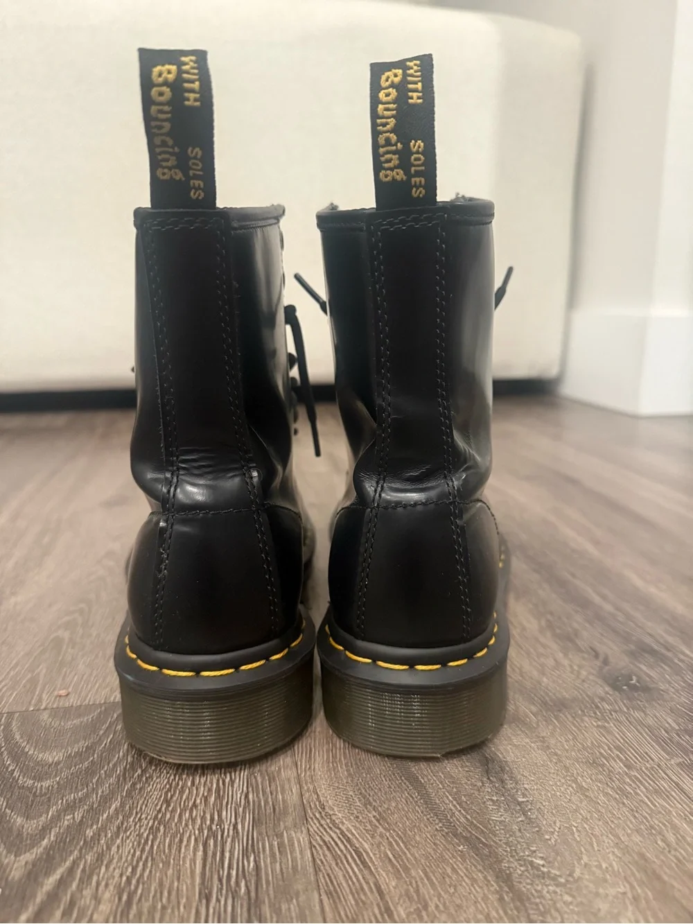 Dr. Martens Black Leather Lace-Up Combat Boots with Yellow Stitching